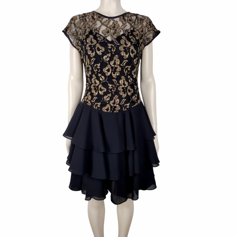 Vintage 1980s Gold Metallic Mesh Lace Poly Chiffon Tiered Cocktail Dress Size 4